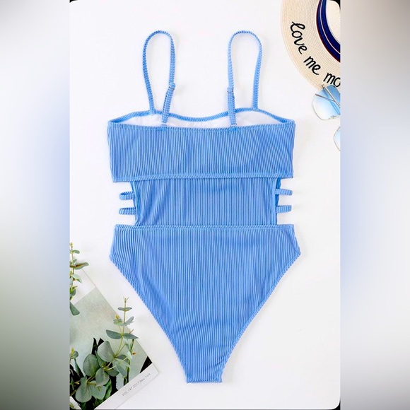Blue Strappy One-Piece Swimsuit w side cut outs & straps adj spaghetti straps L - Picture 2 of 6